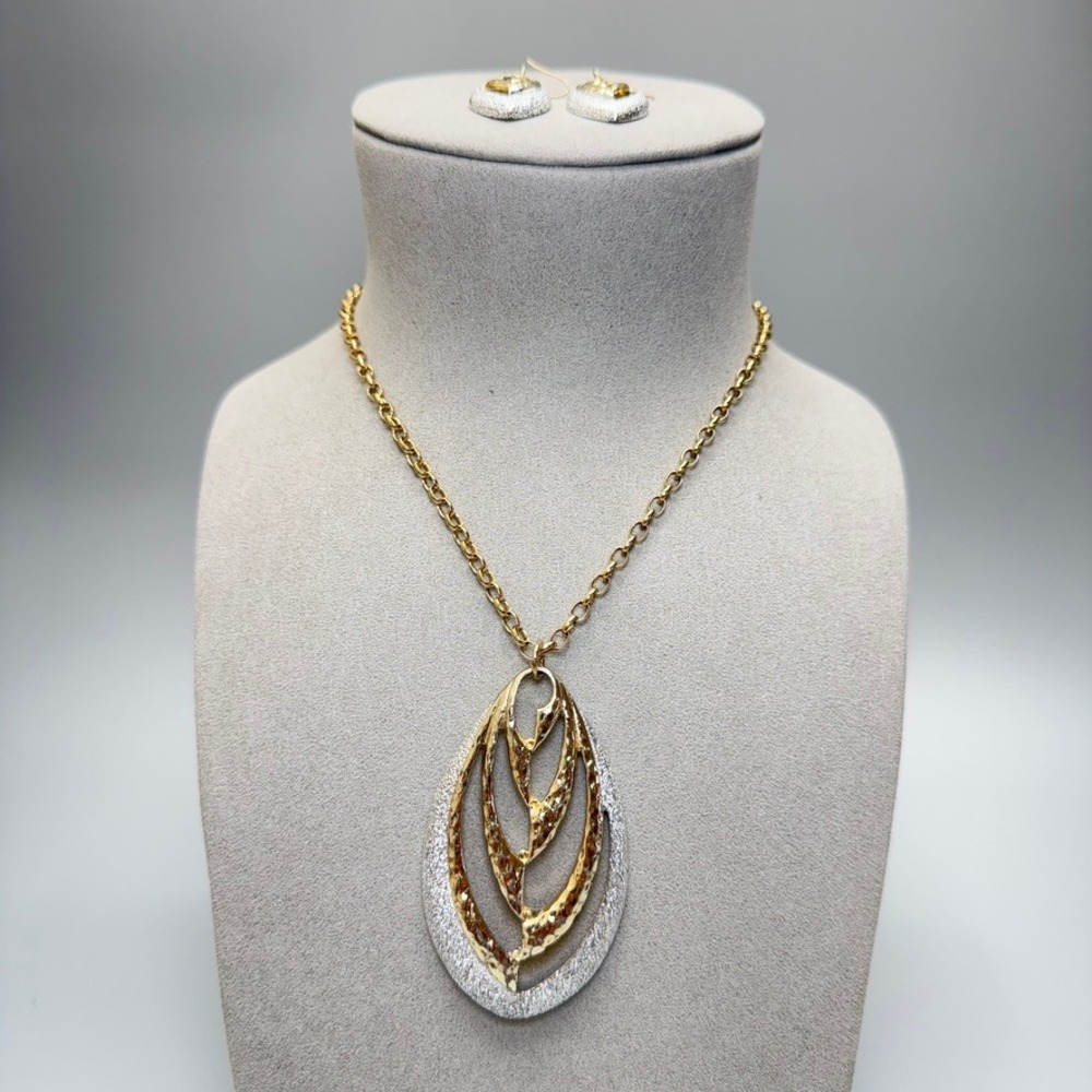 Vintage Sarah Coventry Two-Tone Pendant Necklace and Earrings Set 30" Retro Chic